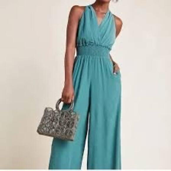 ANTHROPOLOGIE | Boinda Plisse Smocked Waist Wide Leg Jumpsuit-Teal size large - Picture 9 of 10